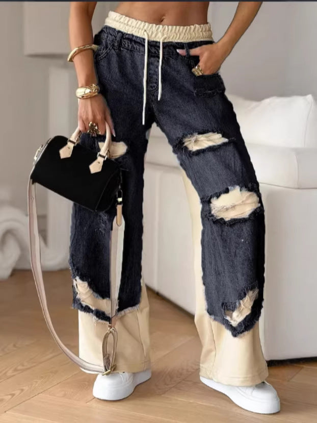 Drawstring Baggy Ripped Denim Pants