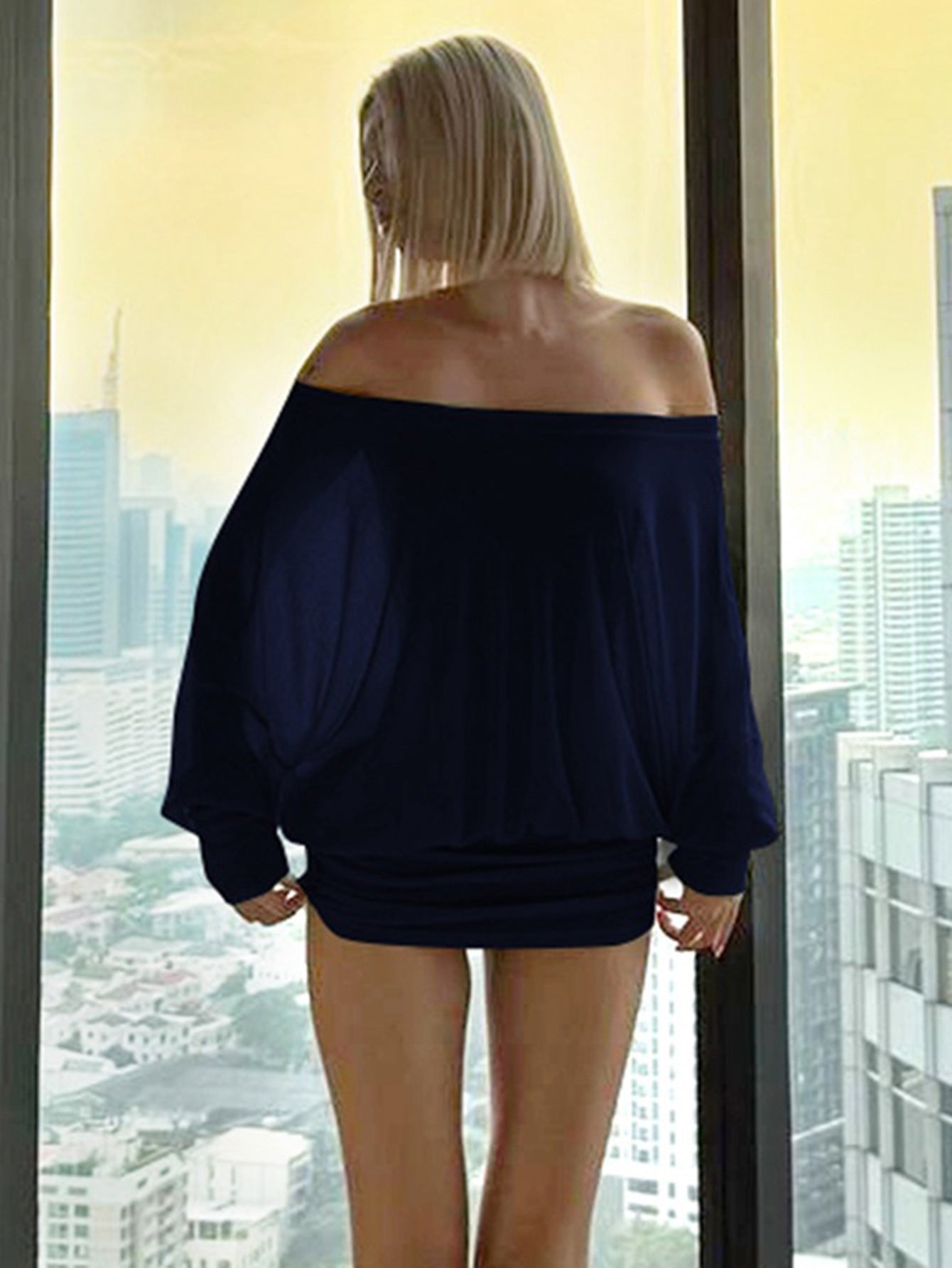 Women's Sexy Loose See-through Bat Sleeve Off-the-shoulder Long Sleeve Mini-Pleated Dress