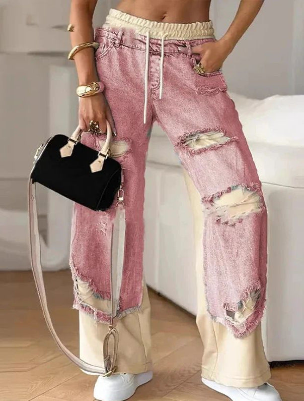 Drawstring Baggy Ripped Denim Pants