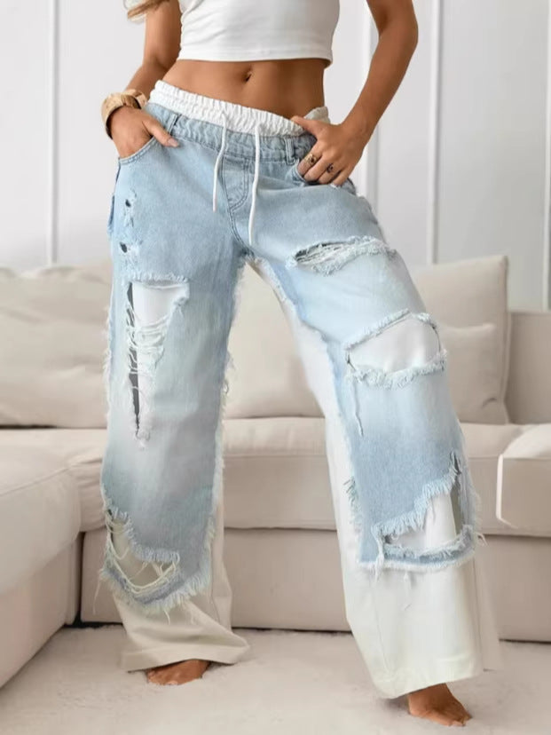 Drawstring Baggy Ripped Denim Pants