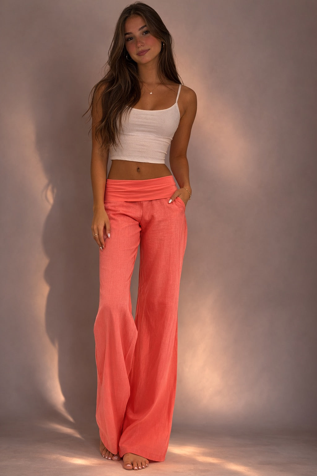 Coral Foldover Relaxed Wide-Leg Trousers